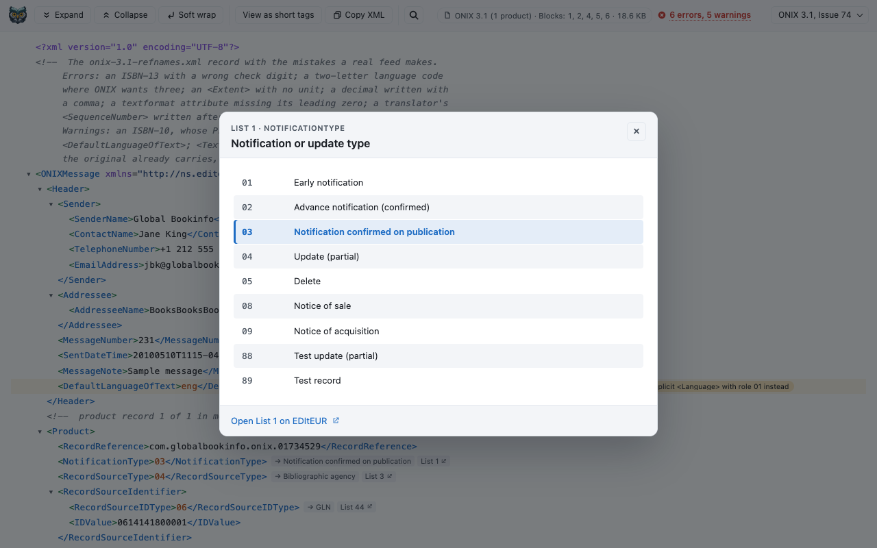 The code-list popup listing every entry of an EDItEUR list