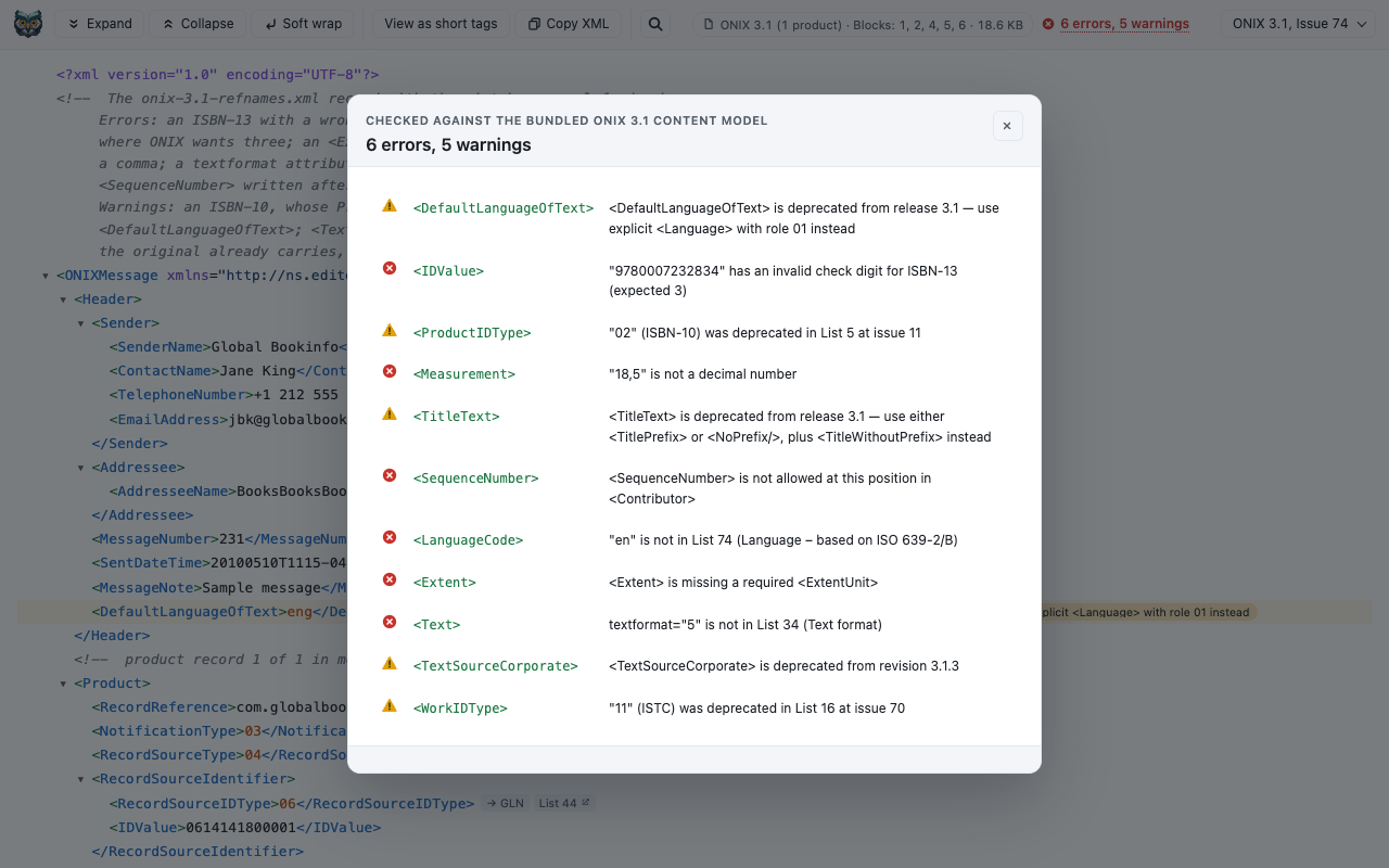The findings list open over a file with several schema violations